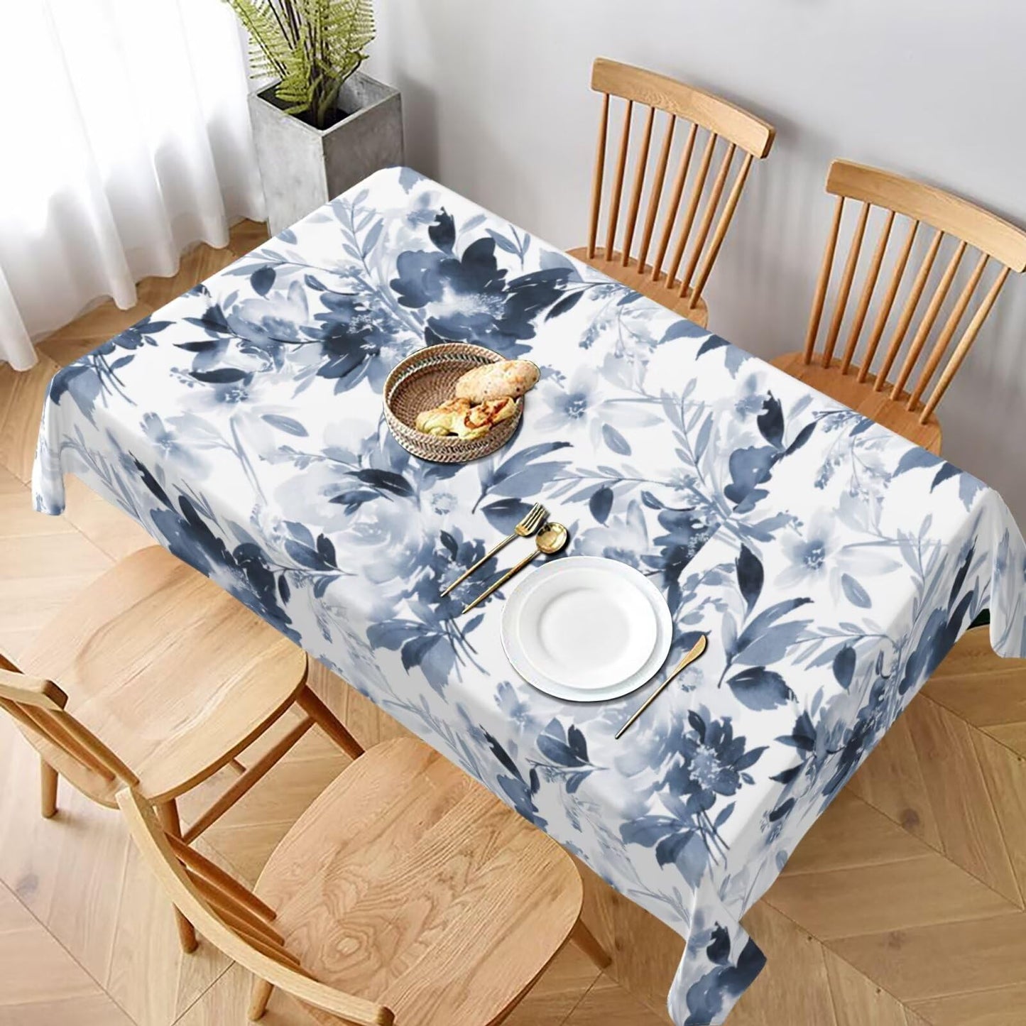 Sunshineyan Navy Blue Floral Tablecloth 60 x 104 Inch Rectangle, Dark Blue and White Flower Tablecloths Tablecloths Polyester Spring Table Cloth for Holiday Parties Kitchen Dining Indoor Outdoor