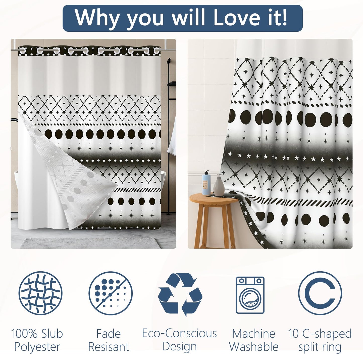 NAEMBCU No Hook Waffle Shower Curtain with Snap-in Liner 71x74 Inch