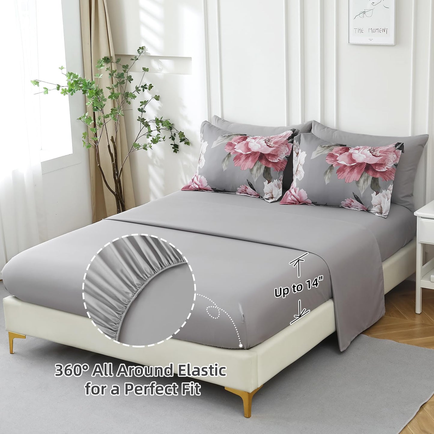 Dobuyly Pink and Grey Comforter Set Queen Size 7 Piece Bed in a Bag, Floral Printed on Gray Comforter Set with Sheets, Soft Microfiber Botanical Complete Bedding Set for All Season