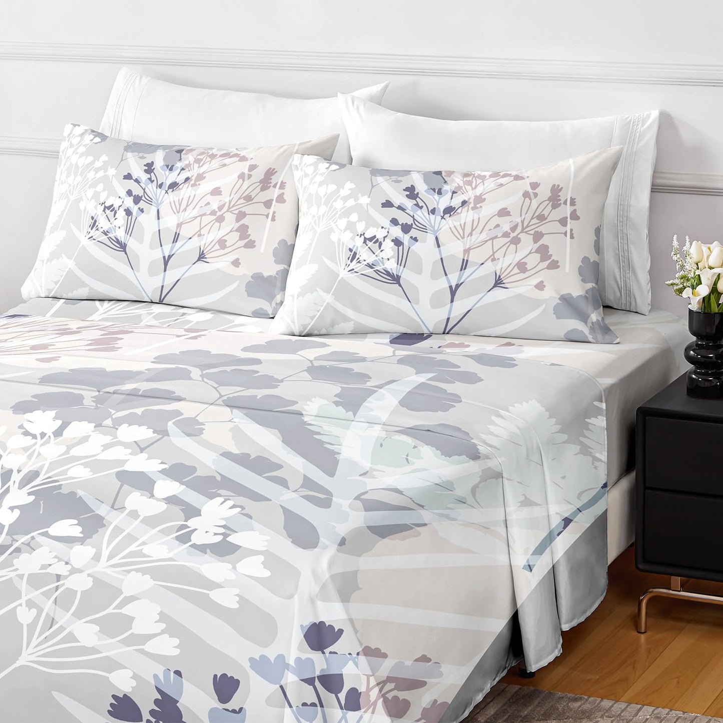 HCORA Floral Queen Sheet Set, Luxury 1800TC Hotel Quality Double Brushed Microfiber Deep Pocket Bed Sheets, Ultra Soft, Breathable and Cooling, 4PC, Queen Size
