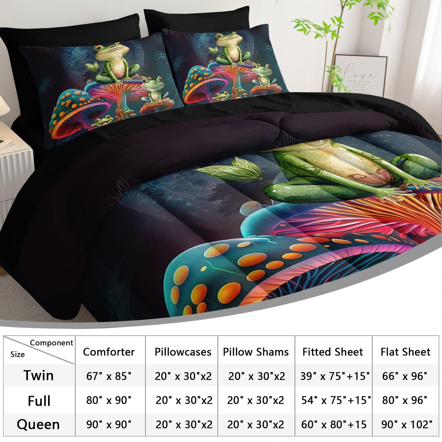 AILONEN Cartoon Frog Comforter Set Queen Size,Magic Mushroom Frog Bed in a Bag,7Pcs Soft Microfiber Black Comforter,Fitted Sheet,Flat Sheet,2 Pillowcases,2 Pillow Shams