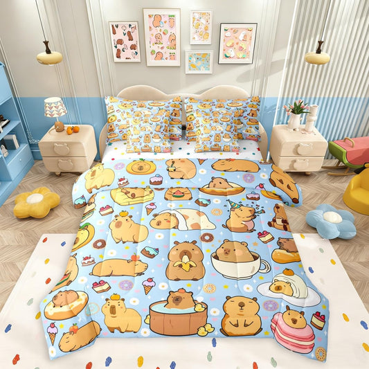 Cartoon Capybara 7 Pieces Bedding Set Twin Size,Kawaii Animals Bed in a Bag,Capybara Lovers Bed Set Includes Comforter,Sheet Set,Pillowcases & Pillow Covers,Yummy Foods Love Hearts Bedroom Decor