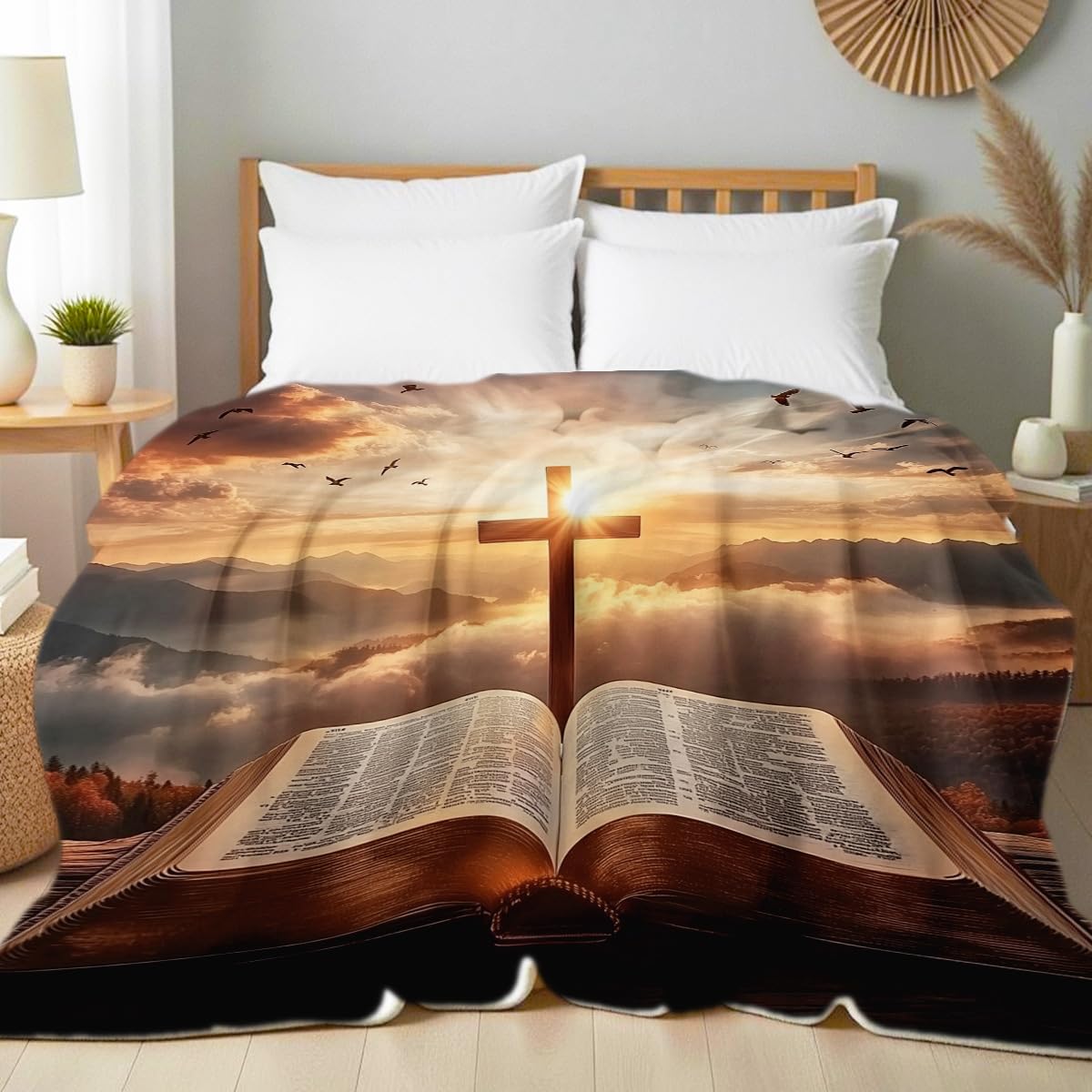 HUNXIAOJ Christian Flannel Blankets for Women Men Adults Cross and Scripture Decor Print Blankets Throw Soft Inspirational Decor Christ Gifts 59"x70"