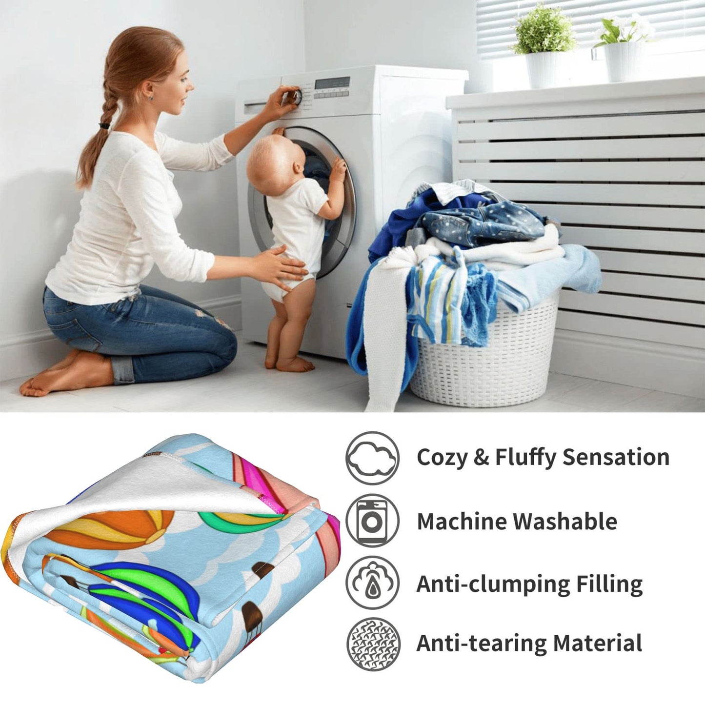 Cartoon Hot Air Balloon Blanket 60"x80" - Ultra Soft Flannel Throw for Adults & Kids - Playful Cloud & Balloon Print - Lightweight Plush Blanket for Bed, Sofa & Home Decorations