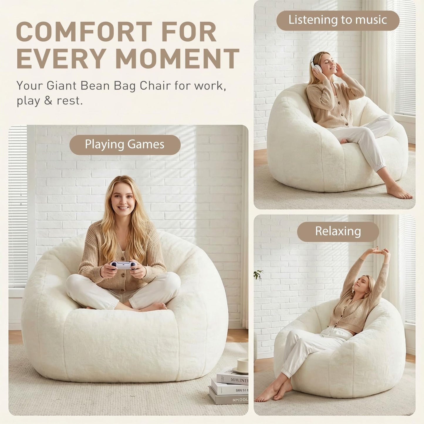 HUGHEAVEN Max Giant Bean Bag Chair, Oversized Bean Bag Sofa for Adults & Teens, Ultra-Soft Comfy Fluffy Floor Lounge Chair with Armrests, Large Bean Bag Couch for Gaming, Reading & Relaxing