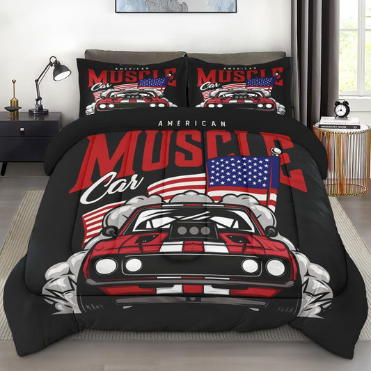 Pamnest Comforter Set Queen Size, American Flag Car Vintage Soft 3 Pcs Bedding for Kids and Adults, Race Retro Vehicle Comforter Set with Pillowcase, for Bedroom Bed Decor
