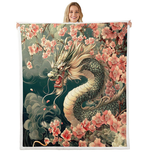Erosebridal Dragon Twin Size Sherpa Blanket Japanese Style Fuzzy Plush Throw Magical Animal Floral Fleece Blanket for Youth Adult Chinese Heritage Historical Decor for Sofa Couch