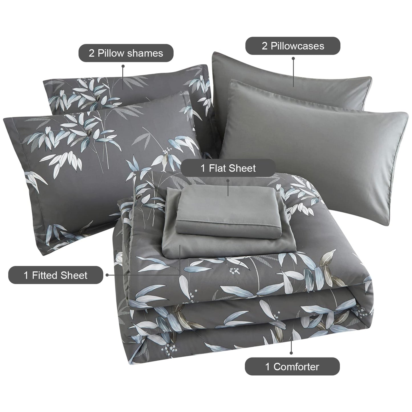 LXWORX Grey Queen Comforter Set - 7 Pieces Bed in a Bag Bedding Set, Soft Lightweight Microfiber Grey Comforter with Sheets and Pillow Shams, All Season