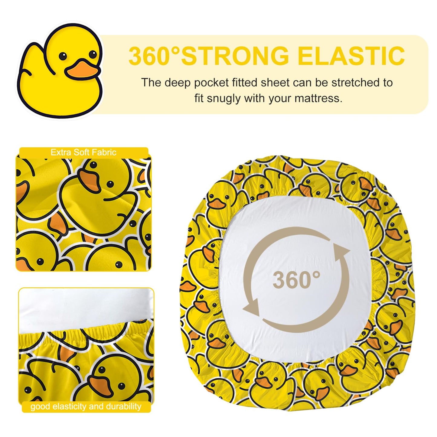 ARIGHTEX Twin Fitted Sheet for Kids Soft Yellow Rubber Duck Bed Sheet with 2 Pillowcases All-Round Deep Pocket 3 Pieces Microfiber Breathable Twin Duck Sheet Set for Boys Girls (Without Flat Sheet)