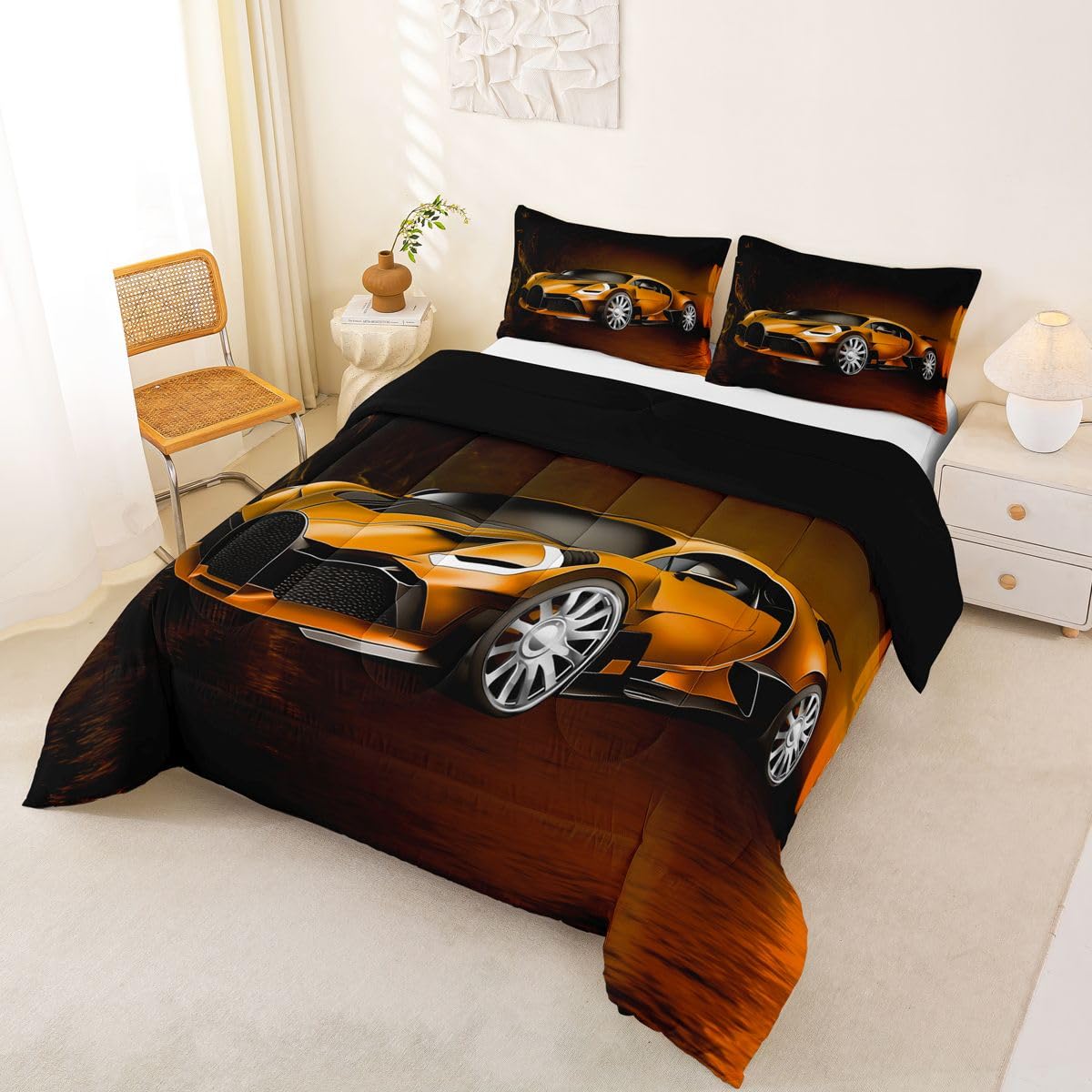 Feelyou Race Car Comforter Toddler Twin, Orange Racecar Bedding Set for Kids Boys Girls Down Duvet Insert Set Cool Speed Sports Car Bedroom Decor Quilt Comforter with 1 Pillowcase Warm Bedding
