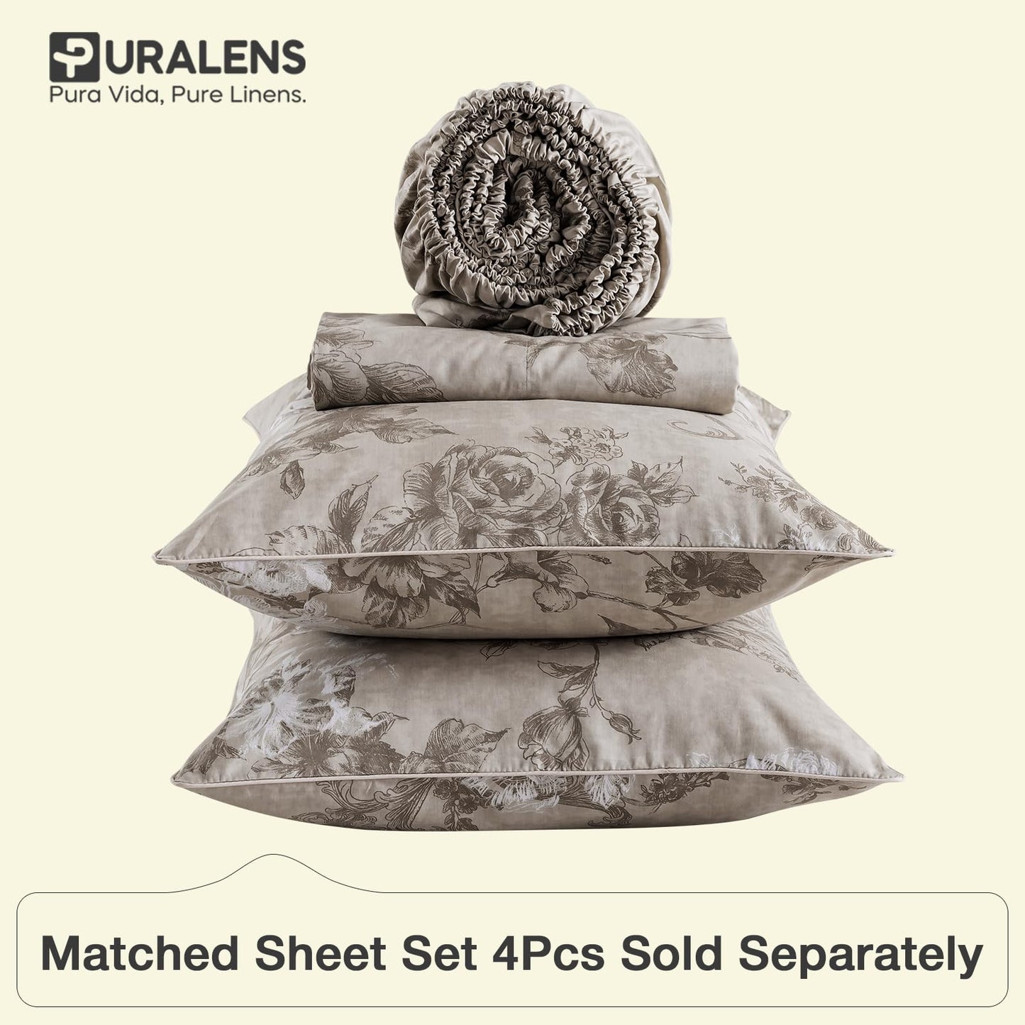 Puralens Dark Beige Moody Floral Duvet Cover, King 100% Cotton Percale Neutral Flower Comforter Cover Set, Shabby Chic Cottage Reversible Toile Bed Cover Set with Ties, Farmhouse Zipper Bedding, 3Pcs