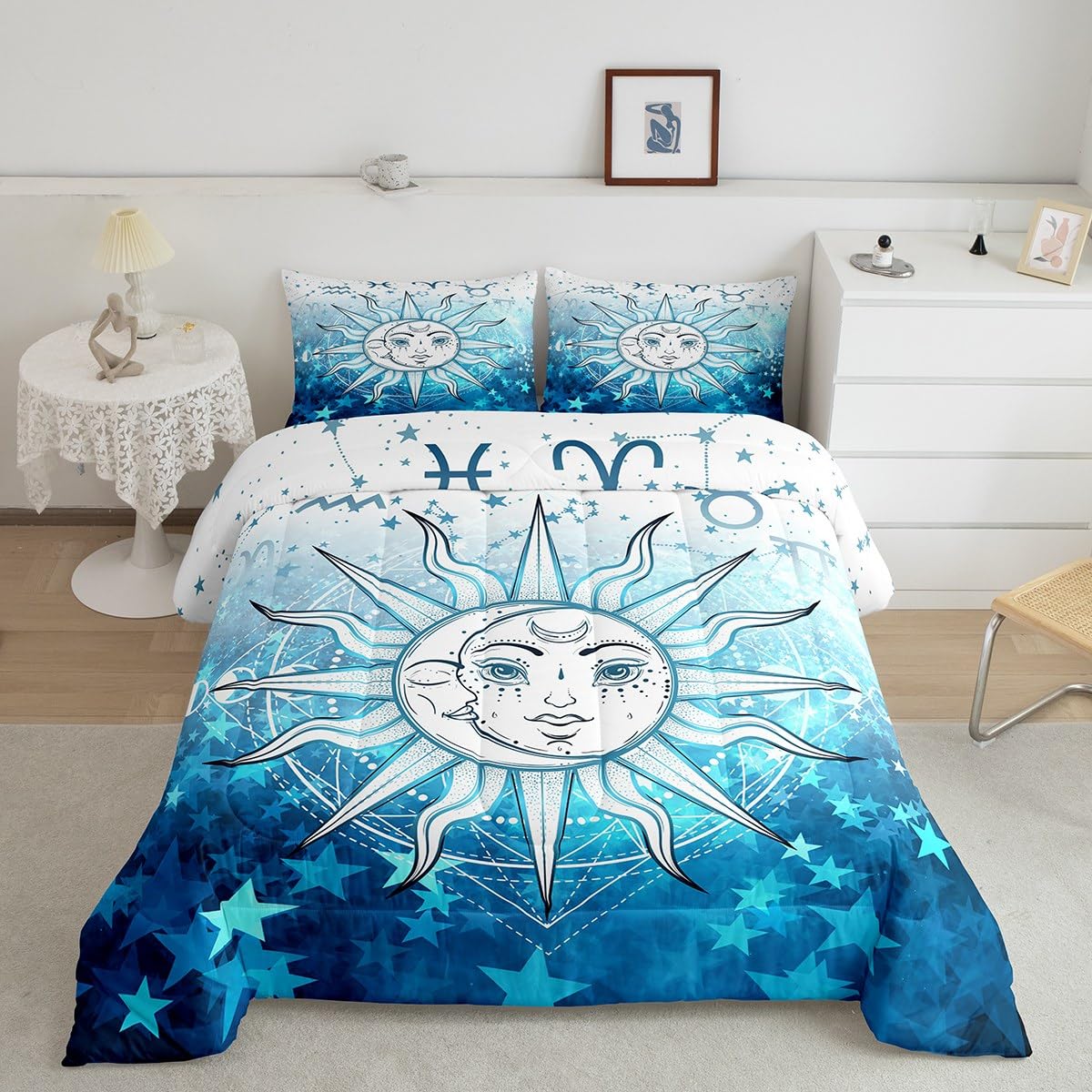 Manfei Sun and Moon Comforter Set Twin Size Blue Stars Print Bedding Set 2pcs for Kids Boys Girls Room Decor, Outer Space Galaxy Theme Quilt Set Boho Exotic Duvet Insert with 1 Pillowcase