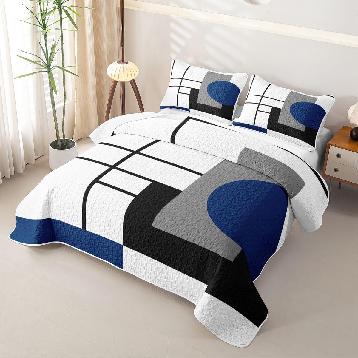 Erosebridal White Black Blue Striped Quilt Set Boho Modern Geometric Abstract Quilt Twin Stripes Lines Quilted Bedspread with 1 PillowcaseMinimalist Square and Circle Coverlet