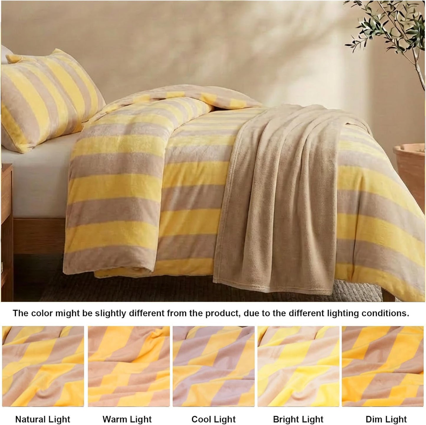 Bedbay Yellow Striped Comforter Set King Size Luxury Fleece Fluffy Comforter Set Plush Flannel Bedding Yellow Stripes Pattern Bed Set Soft Warm Velvet Bedding Comforter for All Seasons