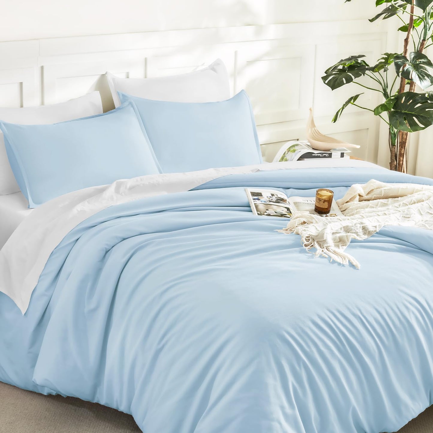 Litanika Comforters Light Blue King Size, 3 Pieces Lightweight Solid Bedding Comforter Set, All Season Fluffy Bed Set (104x90In Comforter & 2 Pillowcases)