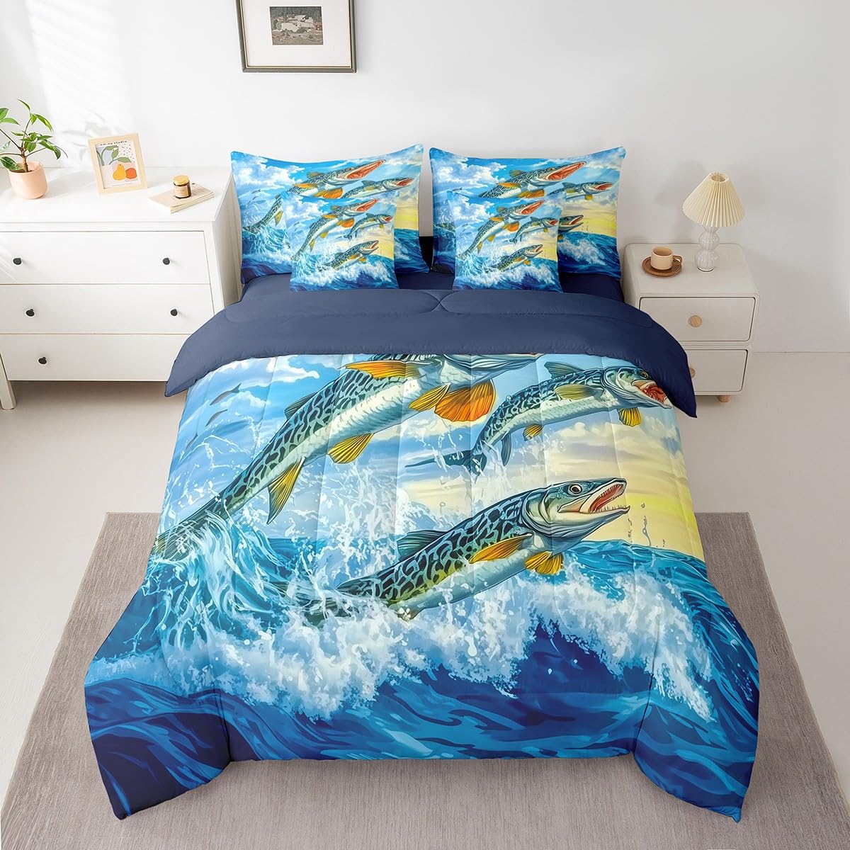 Erosebridal Pike Fish Bedding Sets, Big Bass Fish Microfiber 7 Piece Full Size Comforter Set for Kids Boys Girls, Hunting and Fishing Print Bed in a Bag Bed Set, Sea Waves Animals Bed Sheets Set