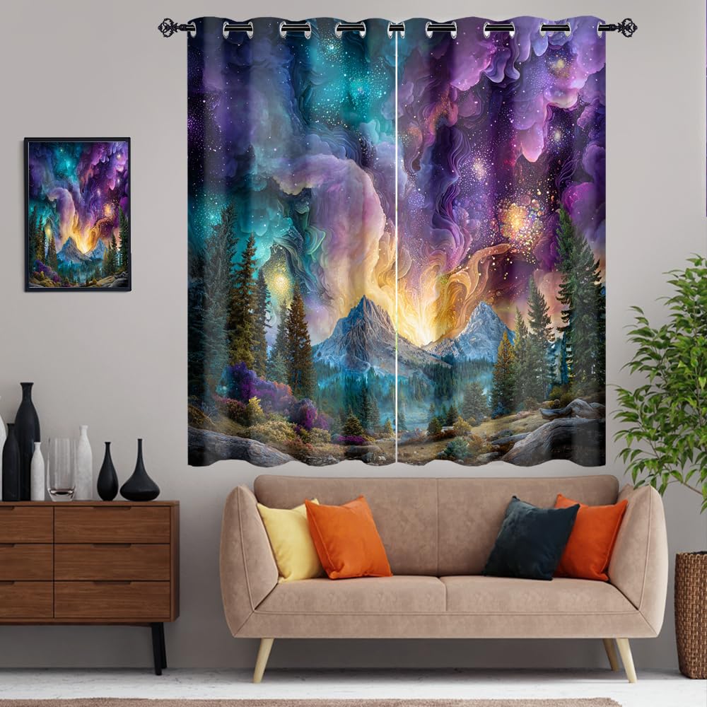 XSUPFLYM Beautiful Realistic Starry Sky Window Blackout Curtains Modern Fantasy Galaxy Nebula Landscape Mountain Plant Pine Forest Thermal Curtains Suitable for Bedroom 2 Panels.Each 21" W x 45" L