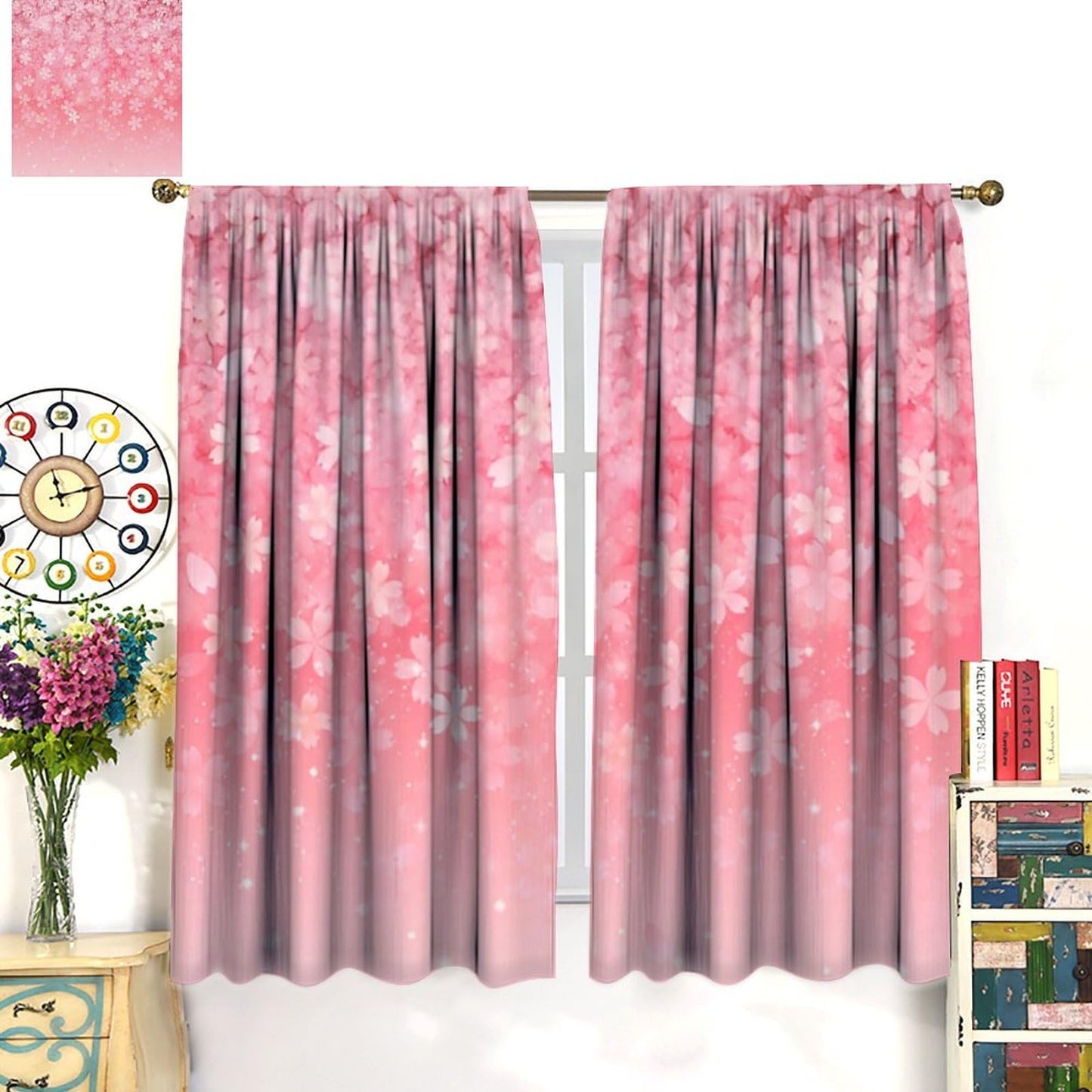 Mchenxin Spring Cherry Blossom Curtains, Abstract Pink Galaxy Japanese Cherry Blossom Flower Print Window Treamtents for Girls Women Bedroom Living Room, 42x45in (No Blackout)