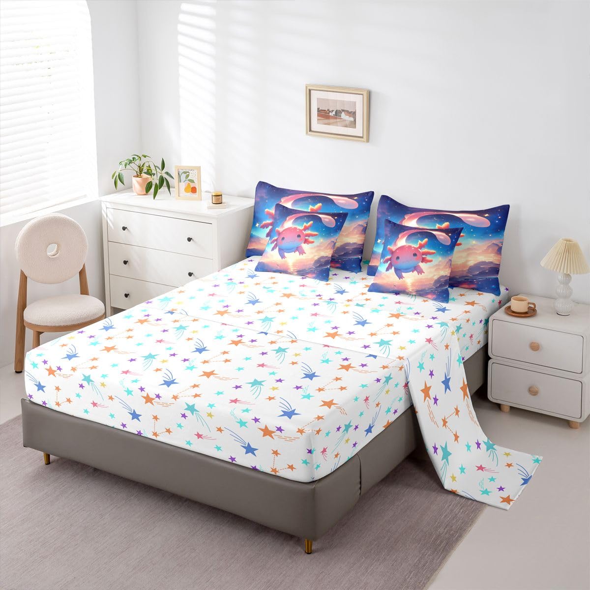 Erosebridal Ombre Axolotl Pink Blue Girls Kids 7 Piece Bedding Set Twin | Cartoon Animal Comforter Set with Sheets Dreamy Starry Bed in A Bag Galaxy Cloud Bed Sets