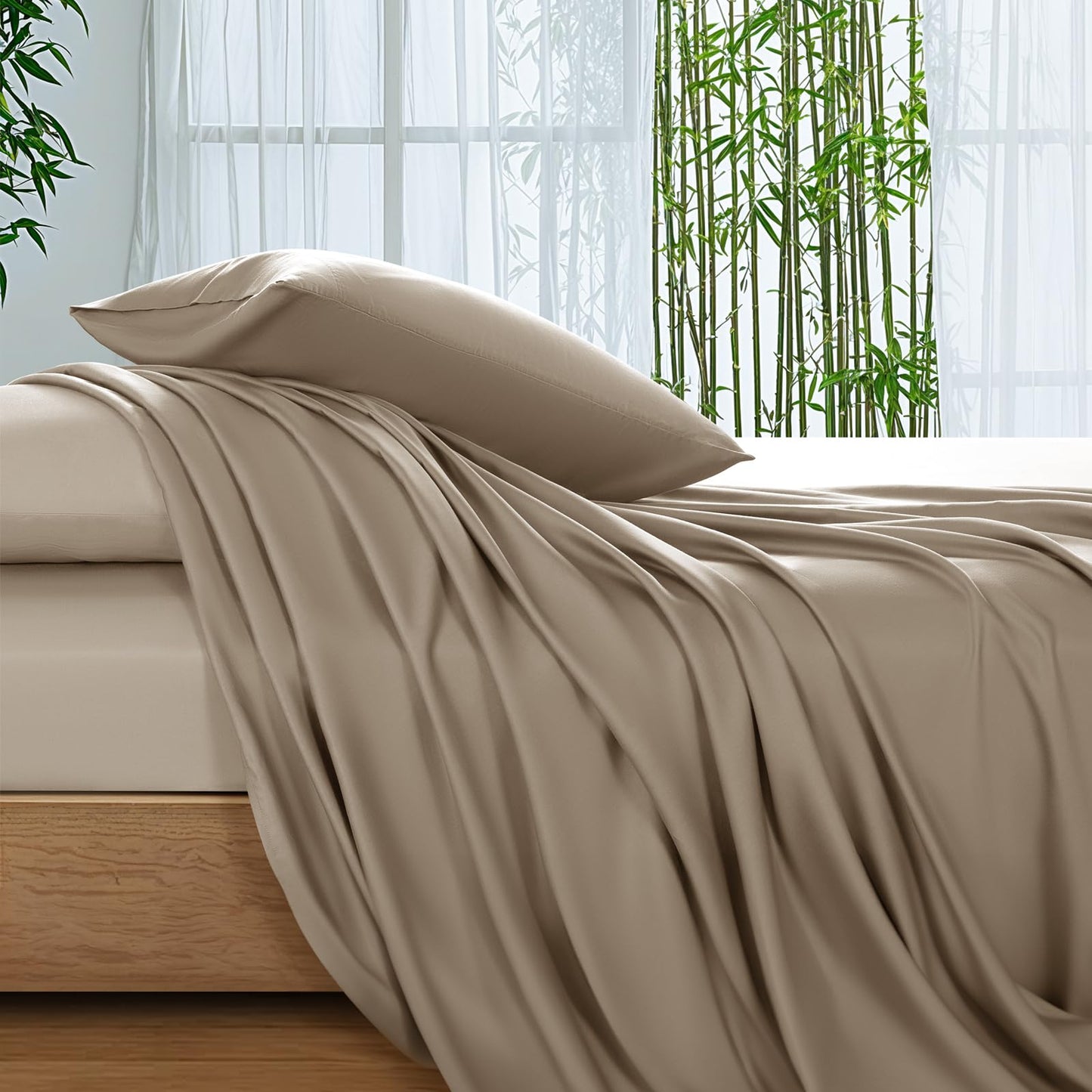 SONORO KATE 100% Viscose Derived from Bamboo_Sheets Queen Size, Ultra Breathable & Cooling Bed Sheets for Hot Sleepers, Hotel Luxury Silky Bedding Sheets, 16" Deep Pocket - 4PC (Simply Taupe,Queen)