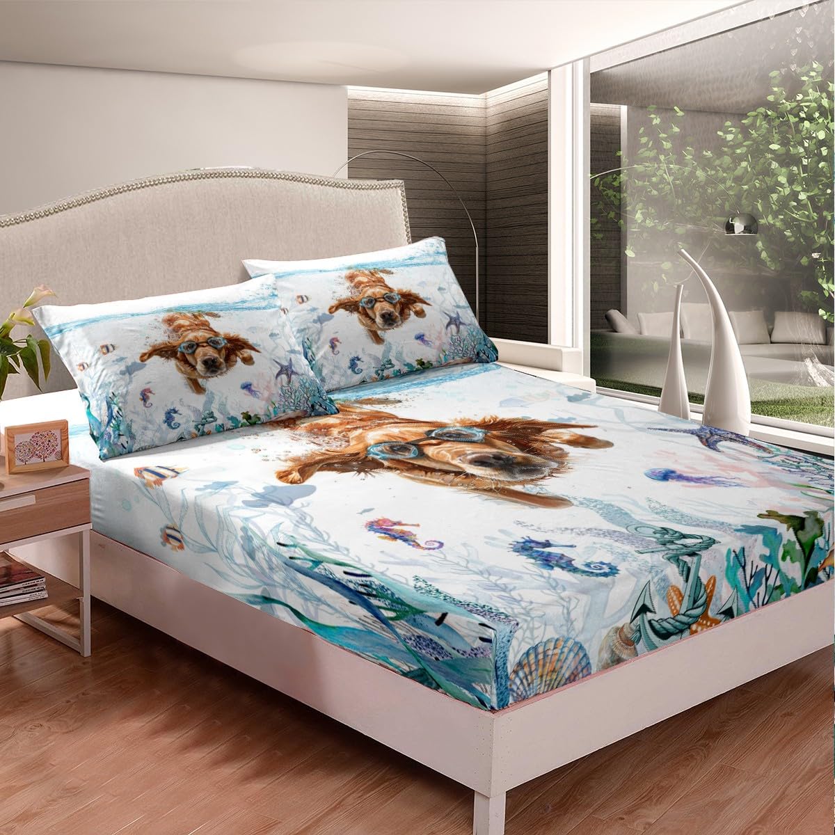 Feelyou Cute Dog Bed Sheet Set Boys Girls Twin Size Kawaii Animals Fitted Sheet for Kids Women Men Ocean Bedding Set Puppy Dog Bed Cover Deep Pocket Room Decor Bed Set