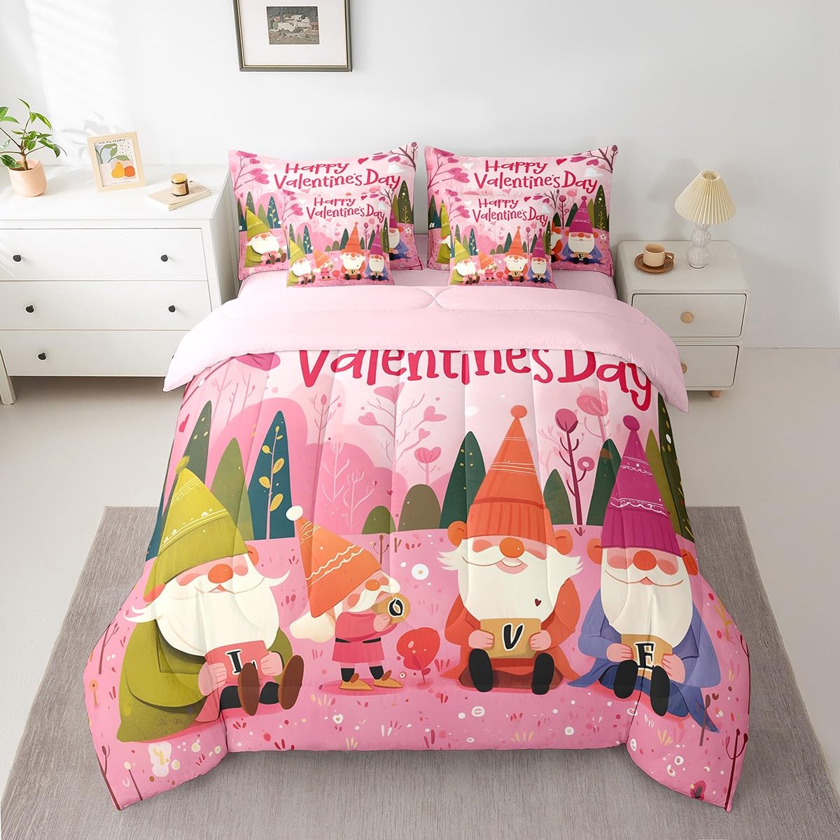 Erosebridal Happy Valentines Day Gnomes Queen 7 Piece Bedding Set - Cute Gnome Kids Comforter Sets with Sheets for Girls Boys, Romantic Pink Love Heart Print Bed in a Bag with Fitted + Flat Sheet