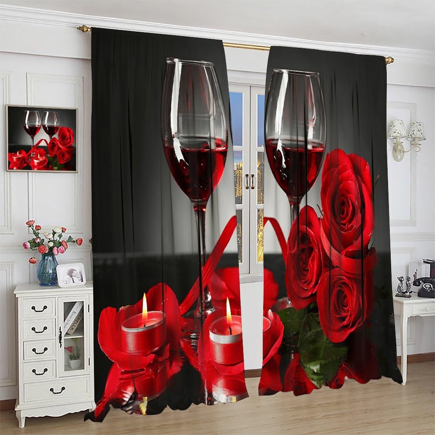 GoDazzling Rose Wine Blackout Curtains, Red Floral Valentine Blossom Romantic Lover Art Printed Window Drapes, for Living Room Bedroom Kitchen 42" W X 45" L