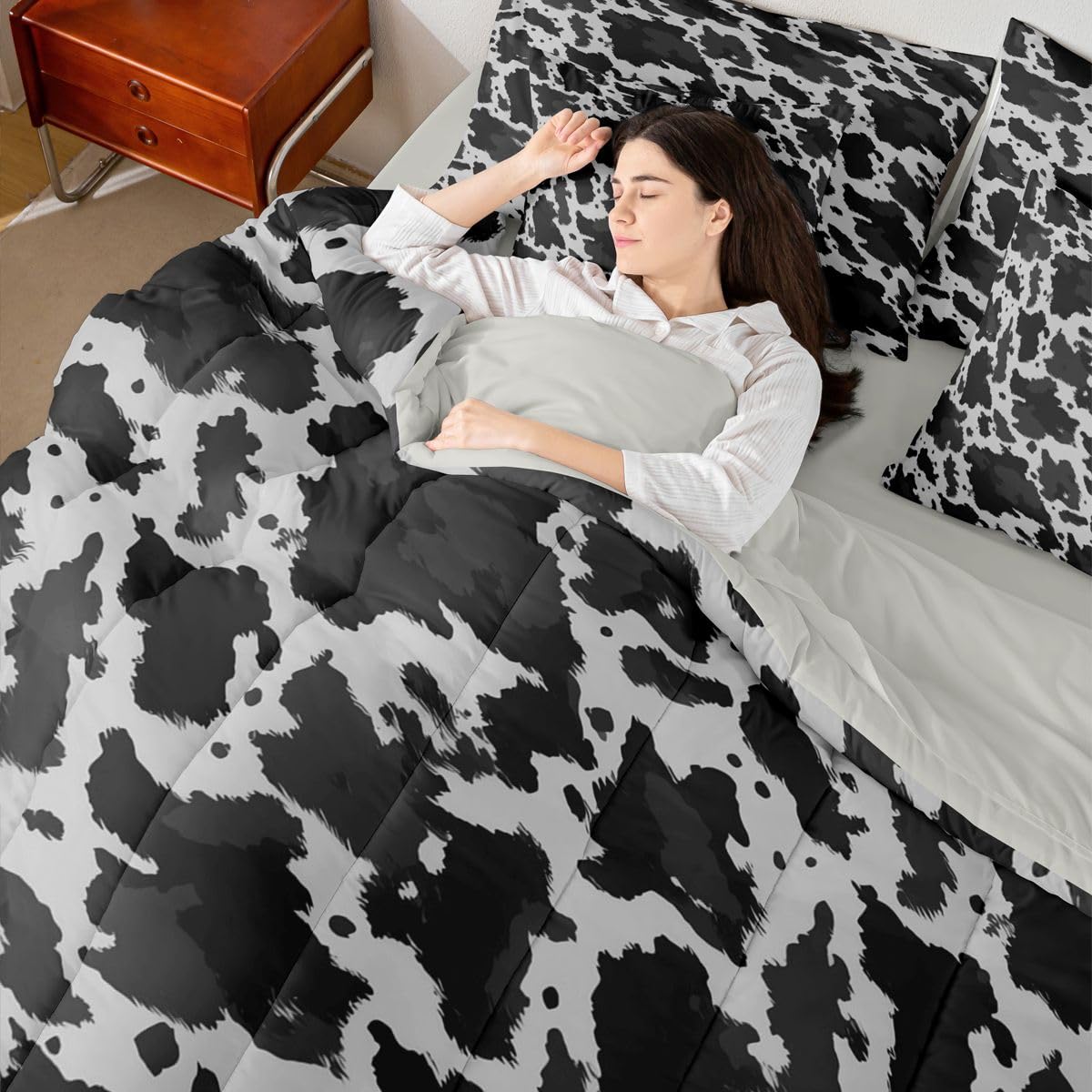 Erosebridal Cowhide Print 7 Piece Bedding Set Full Cow Skin Comforter Set with Sheets Cowboy Farmhouse Watercolors Bed in a Bag Western Animal Fur Pattern for Kids Boys Girls