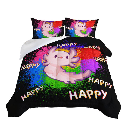 HOSIMA Axolotl Bedding Set for Kids Room Decor,Colorful Ink Background Cartoon Axolotl Pattern Kawaii Bedding Set,Cartoon Pet for Girls Boys Child Toddler Bedding Set,Twin Comforter With 2 Pillowcase.