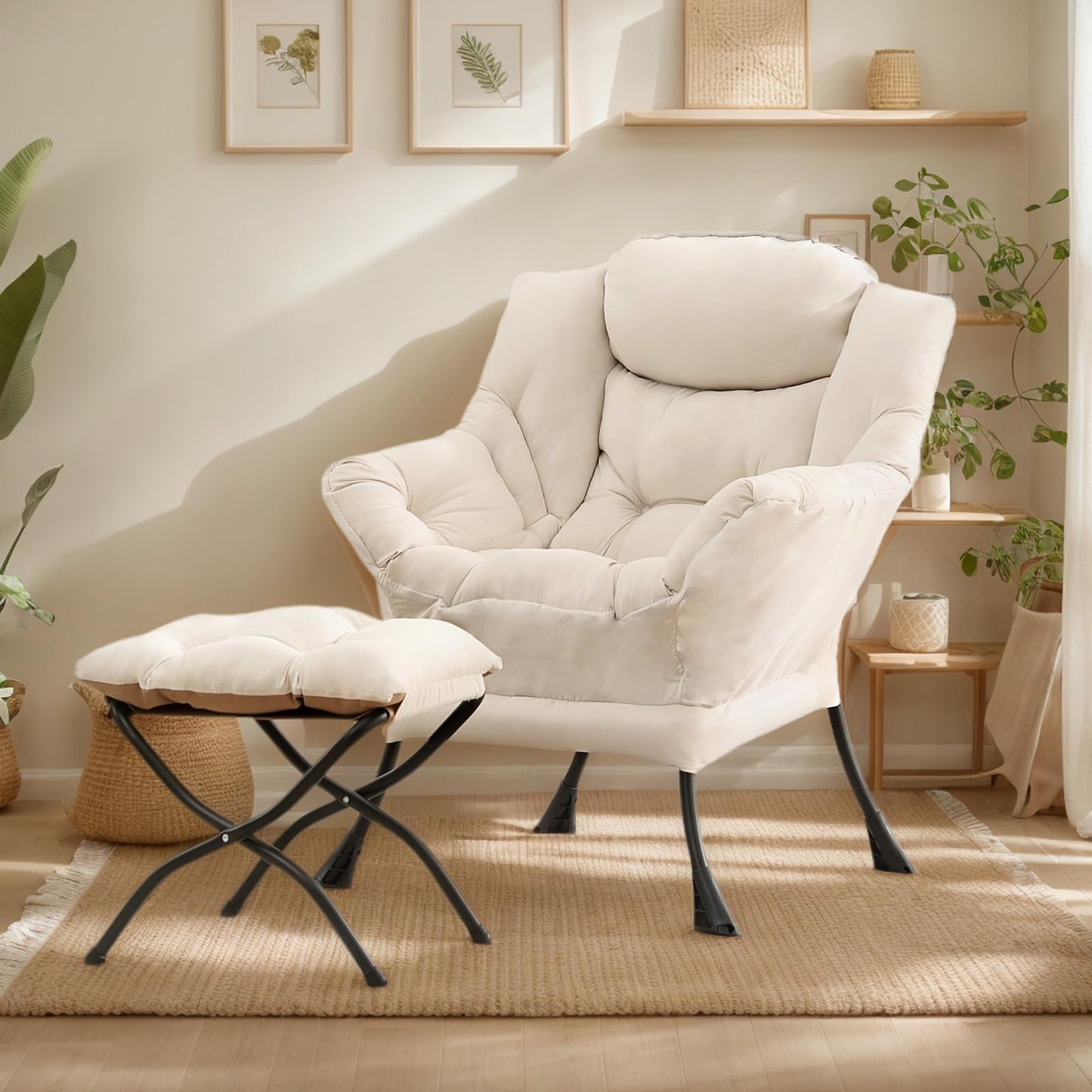 HomEastlly Lazy Chair with Ottoman, Large Beige Accent Chair with Ottoman, Comfy Reading Armchair, Leisure Sofa Chair for Living Room, Bedroom, Dorm Room, Office