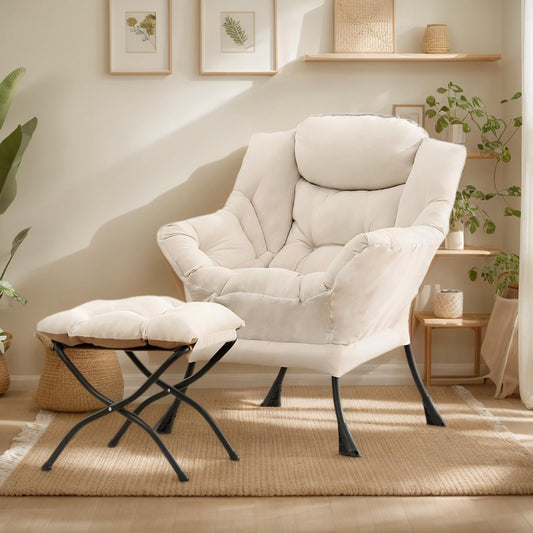HomEastlly Lazy Chair with Ottoman, Large Beige Accent Chair with Ottoman, Comfy Reading Armchair, Leisure Sofa Chair for Living Room, Bedroom, Dorm Room, Office