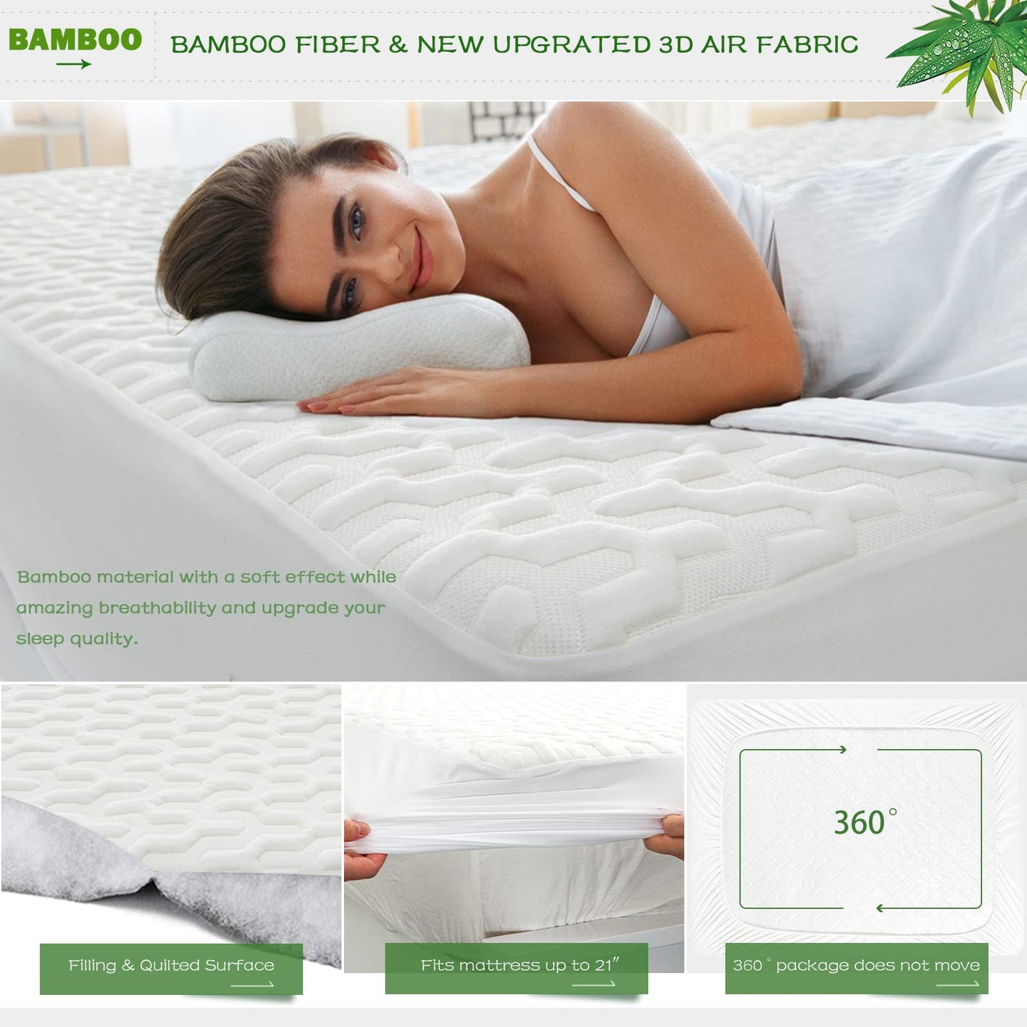GRT Cal King Waterproof Mattress Protector Rayon Bamboo - 3D Air Fiber Cooling Mattress Protector Cover, Breathable Mattress Pad Noiseless 8''-21'' Deep Pocket Machine Washable