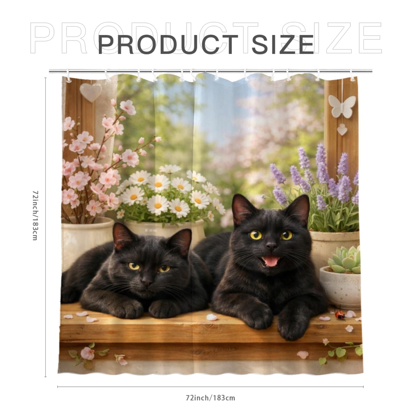 REZHOCH Fun Black Cat Shower Curtain 72x72Inch Cute Animals Home Bathroom Decor,Spring Summer Floral Window Scene Rustic Farmhouse Plants Soft Pastel Nature Waterproof Bath Set