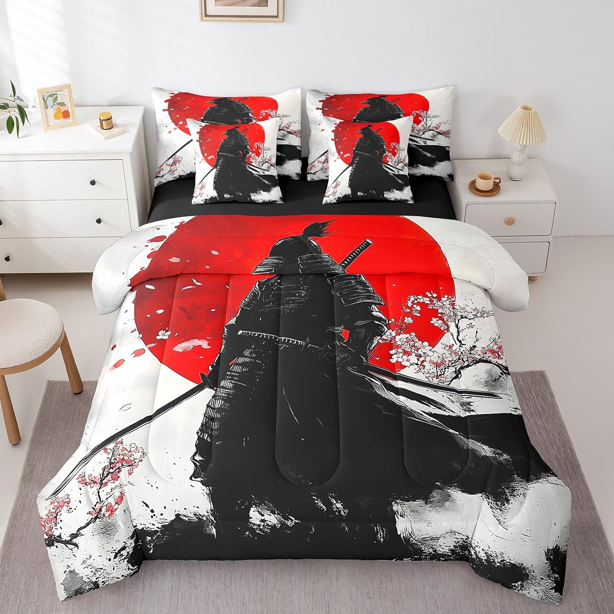 Erosebridal Samurai Comforter Set Twin,Japanese Cherry Blossom Bedding Set 7Pcs for Men Boys Teens,Red Sun Quilt,Asian Cool Red Black Men Silhouette Bed in a Bag