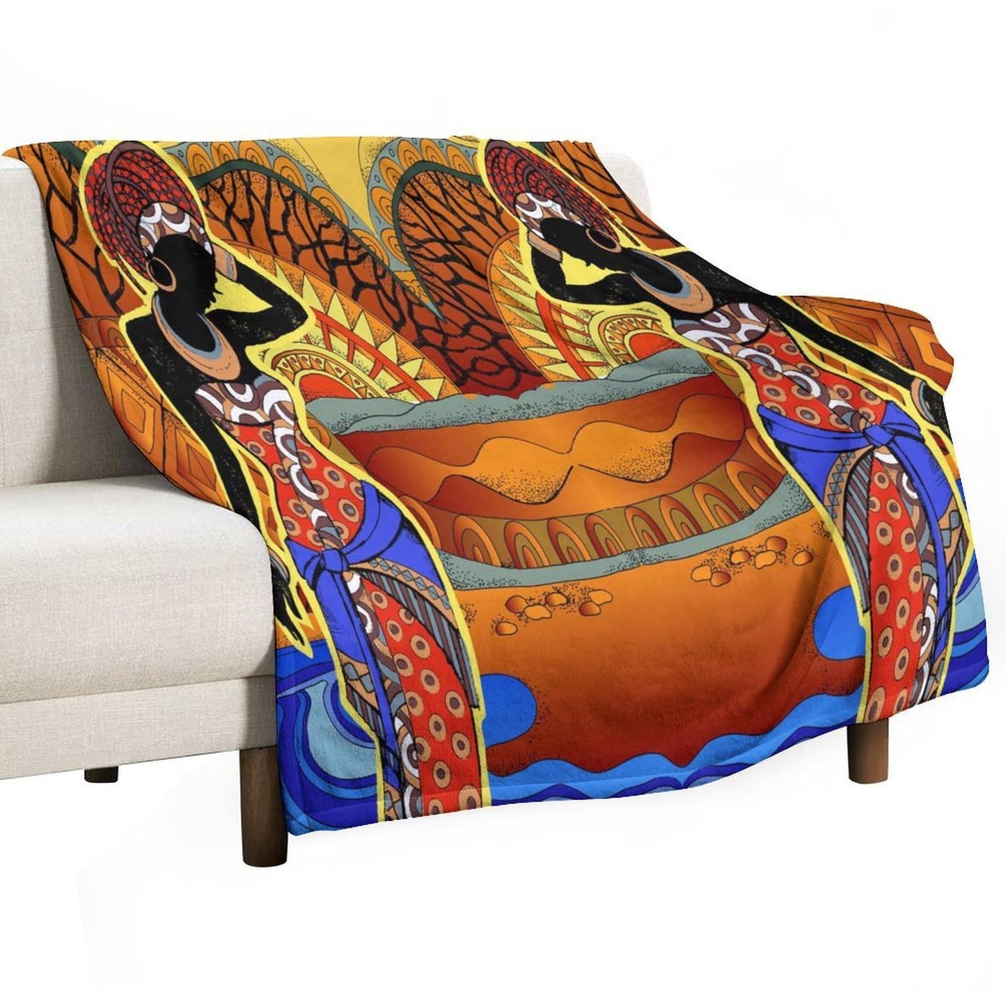 ZhiRain African Women Throw Blanket Southern Landscape Hand Drawn Black Woman Tribal Ethnic Pattern Blanket for Sofa Bed Couch Chair Or Dorm 50"x60"
