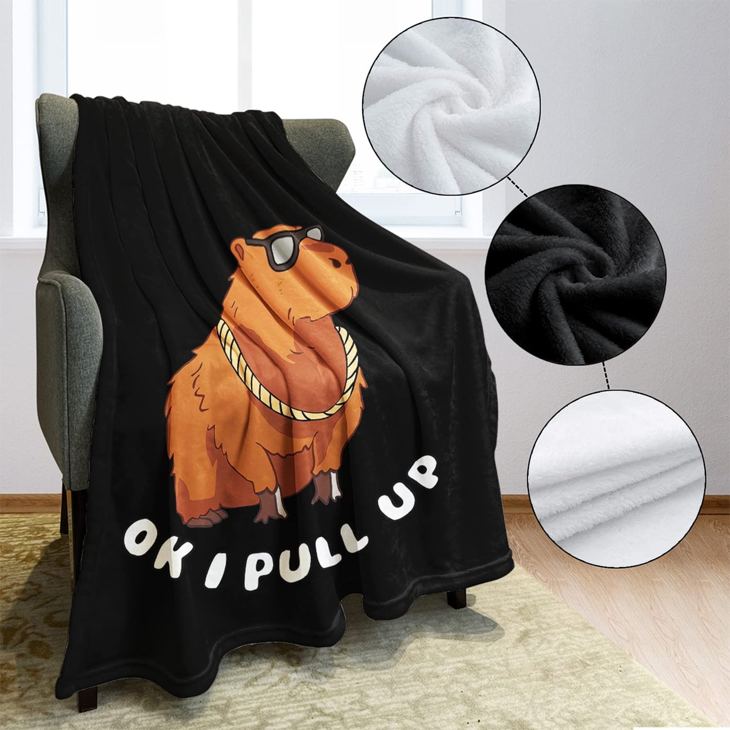 OHTMTHO Funny Capybara Throw Blanket, OK I Pull Up Design, Sunglasses Animal Print, Gifts for Capybara Lovers, 40"x50", Black