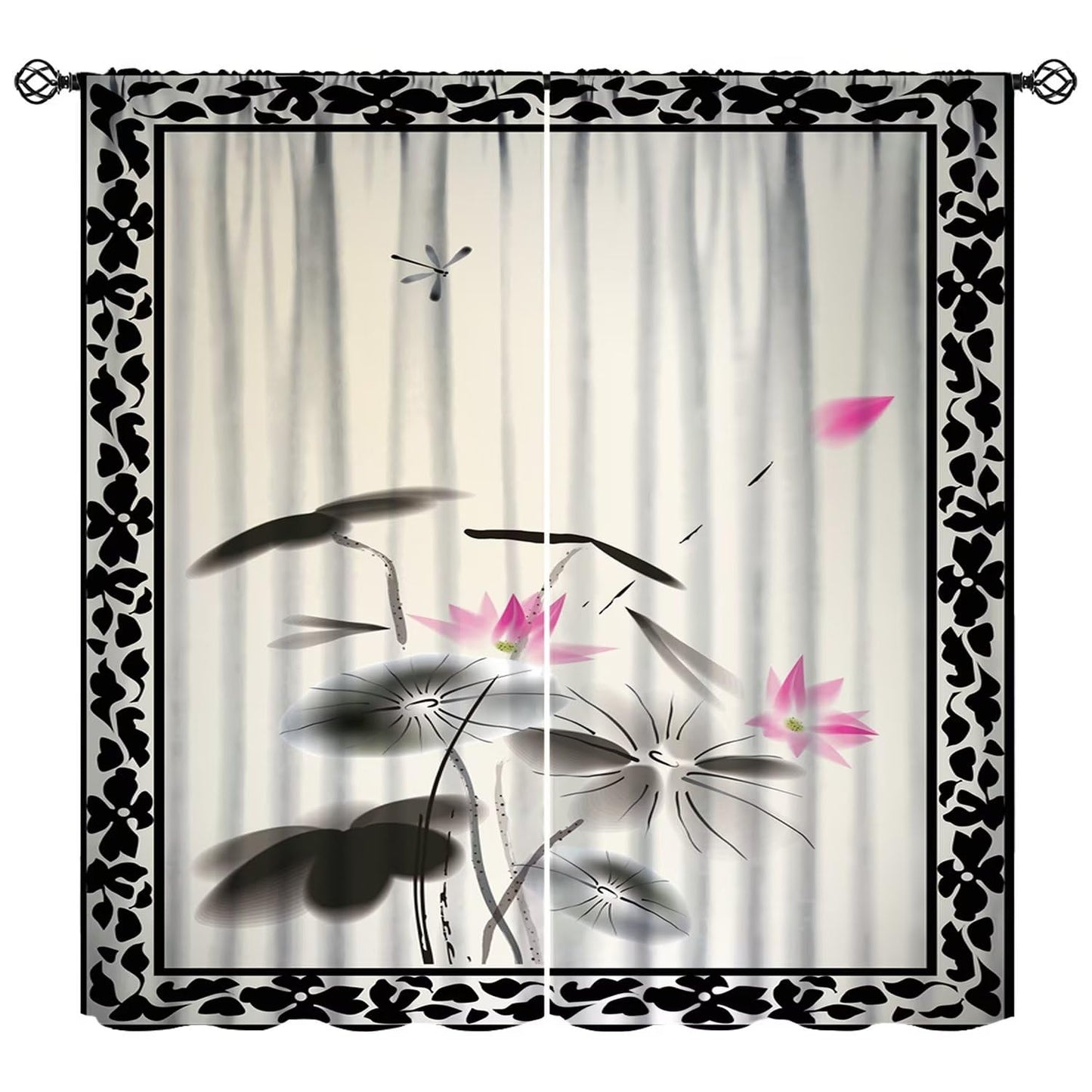 JESTRONRY Japanese Window Curtains, Oriental Asian Chinese Traditional Ink Painting Lotus Flowers Illustration Art Thermal Insulated Curtains for Bedroom Living Room Office W42xL45in
