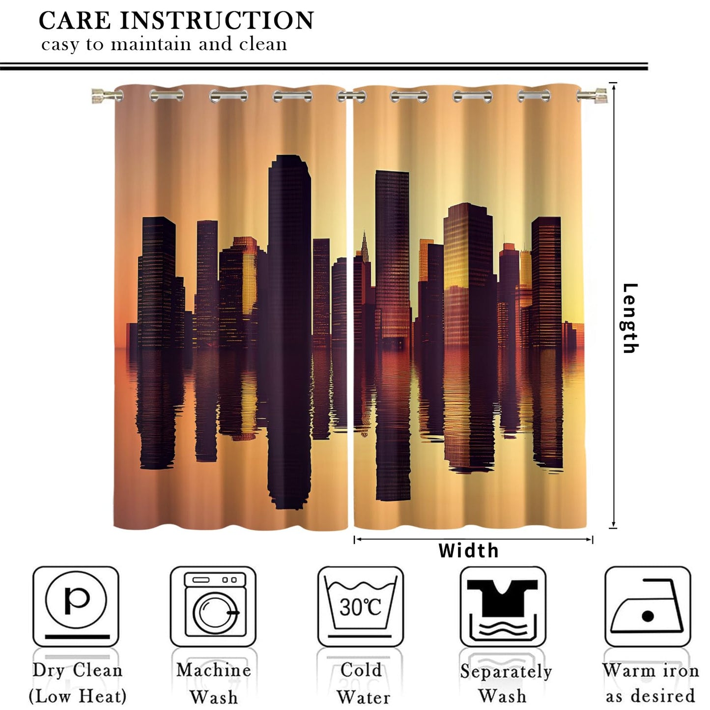 XAFIAUR City Skyscrapers Blackout Curtains, Skyline Curtains for Living Room, Sunset Reflections Black Out Bedroom Curtain Thermal Insulated Grommet Drapes 2 Panels, for Boys Room 31.5" W x 45" L x2