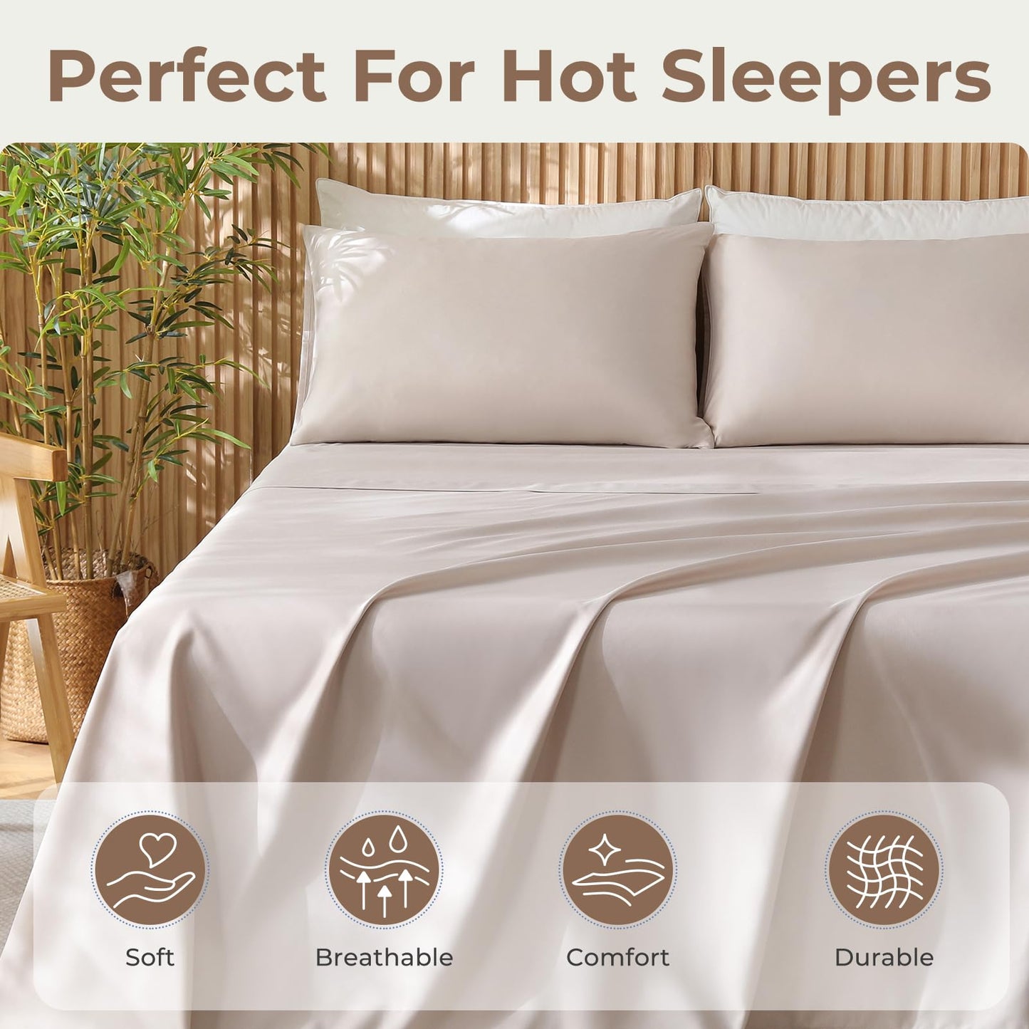 Bedlifes King Size 4-Piece Blend Rayon Derived from Bamboo Sheets Set, Cooling Bedding for Hot Sleepers, Breathable & Ultra Soft with 16" Deep Pockets, Wrinkle Resistant Hotel Silky Feel, Champagne