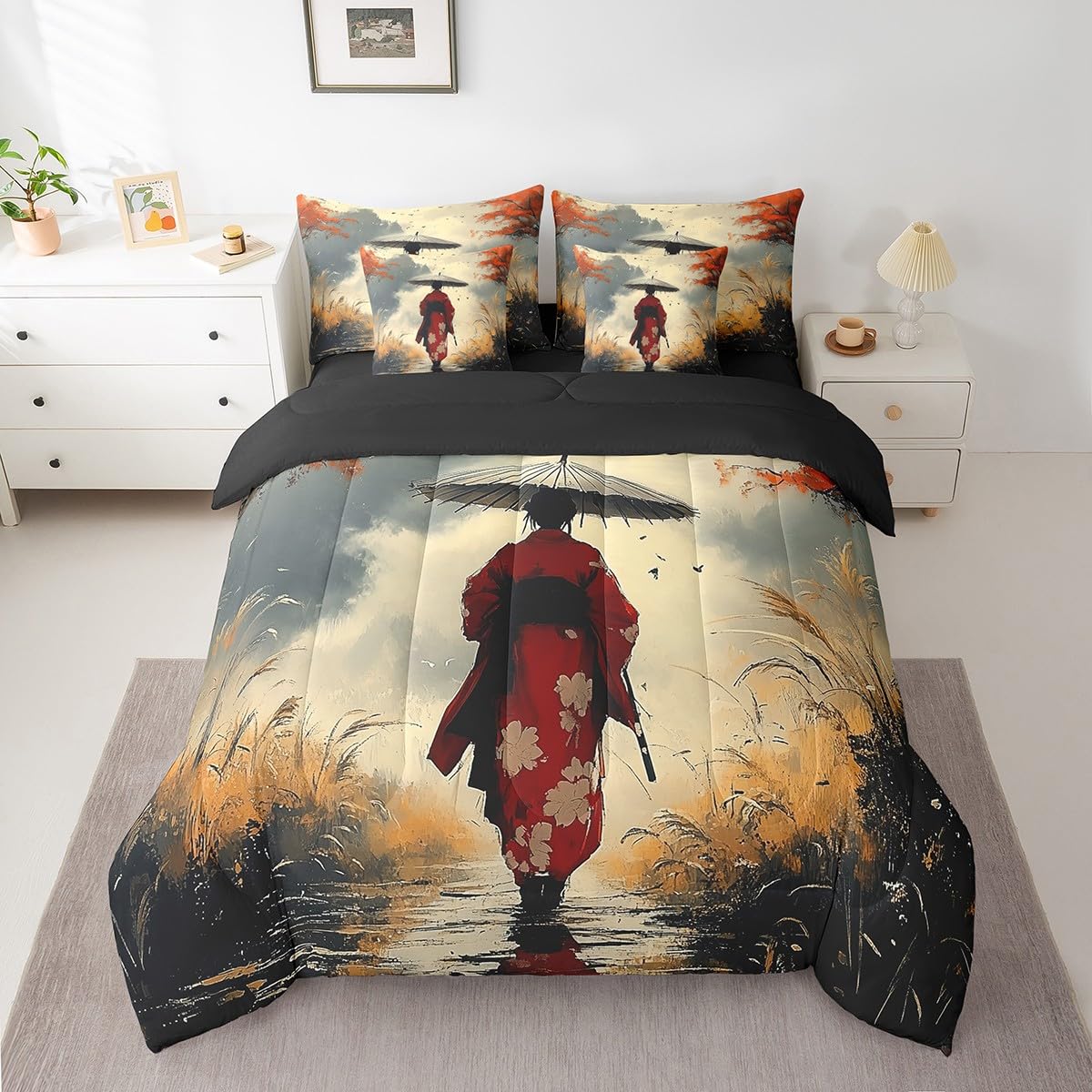 Erosebridal Aesthetic Japanese Comforter Set Twin,Japan Kimono Bed in a Bag for Girl Women Lady,Samurai Ukiyoe Bedding Set 7Pcs,Japan Scenery Quilt