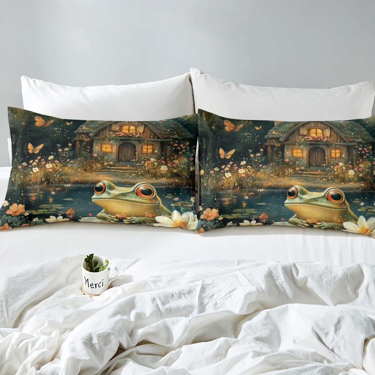Manfei Wild Frog Bed Sheet Set Twin Size,Lodge Cabin Rustic Lake Animal Sheet Set,Jungle Daisy Flowers Butterfly Dreamy Starry Bedding Set with 1 Flat & 1 Fitted Sheet with 1 Pillow Sham