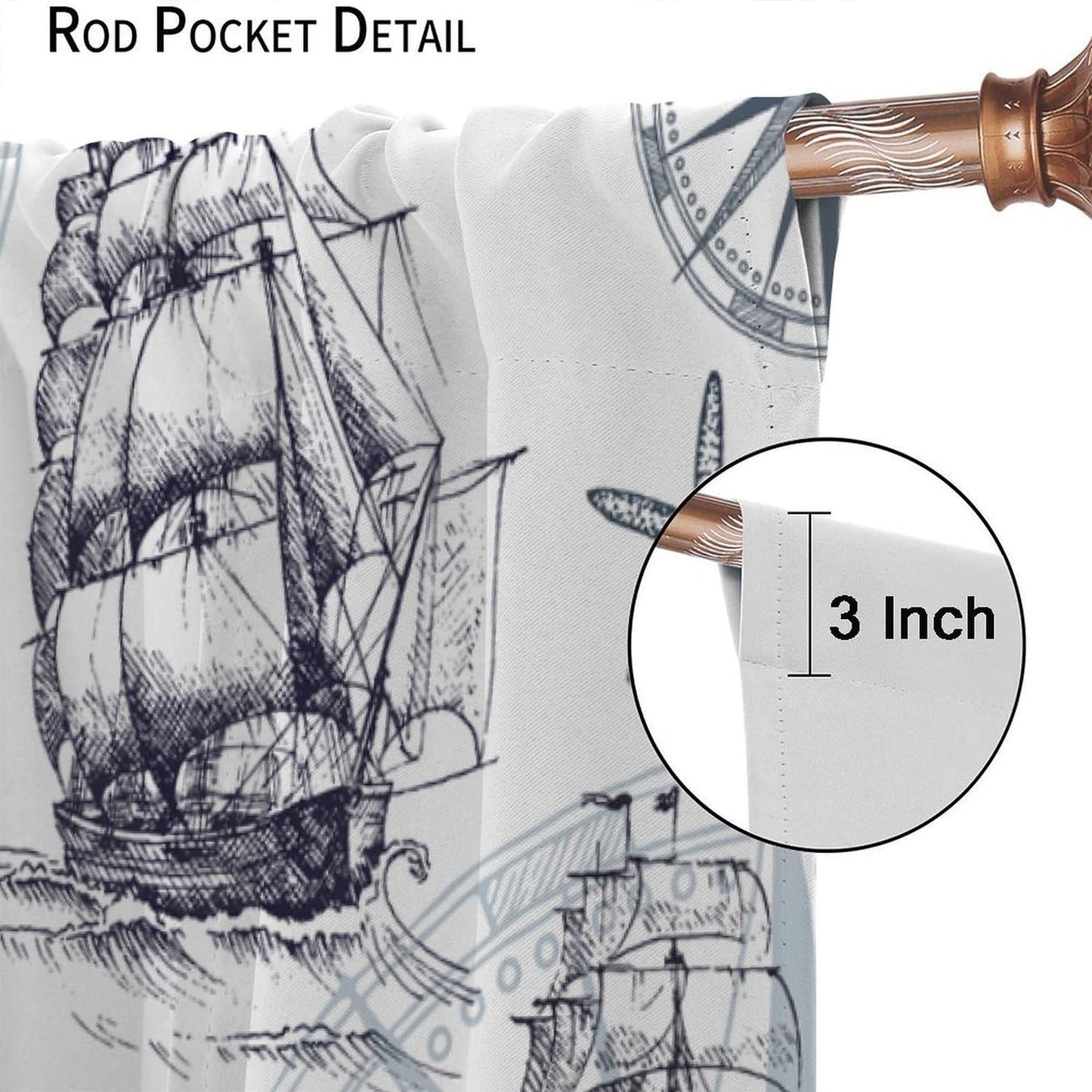 XBDDZSW Nautical Sailboat Map Curtains Sketch Pirate Ship Wheel Compass Starfish Coral Reef Nautical Map Pattern Print Window Drapes for Bedroom Living Room Kitchen Decor,2 Panel Set,42x45 Inch Decor