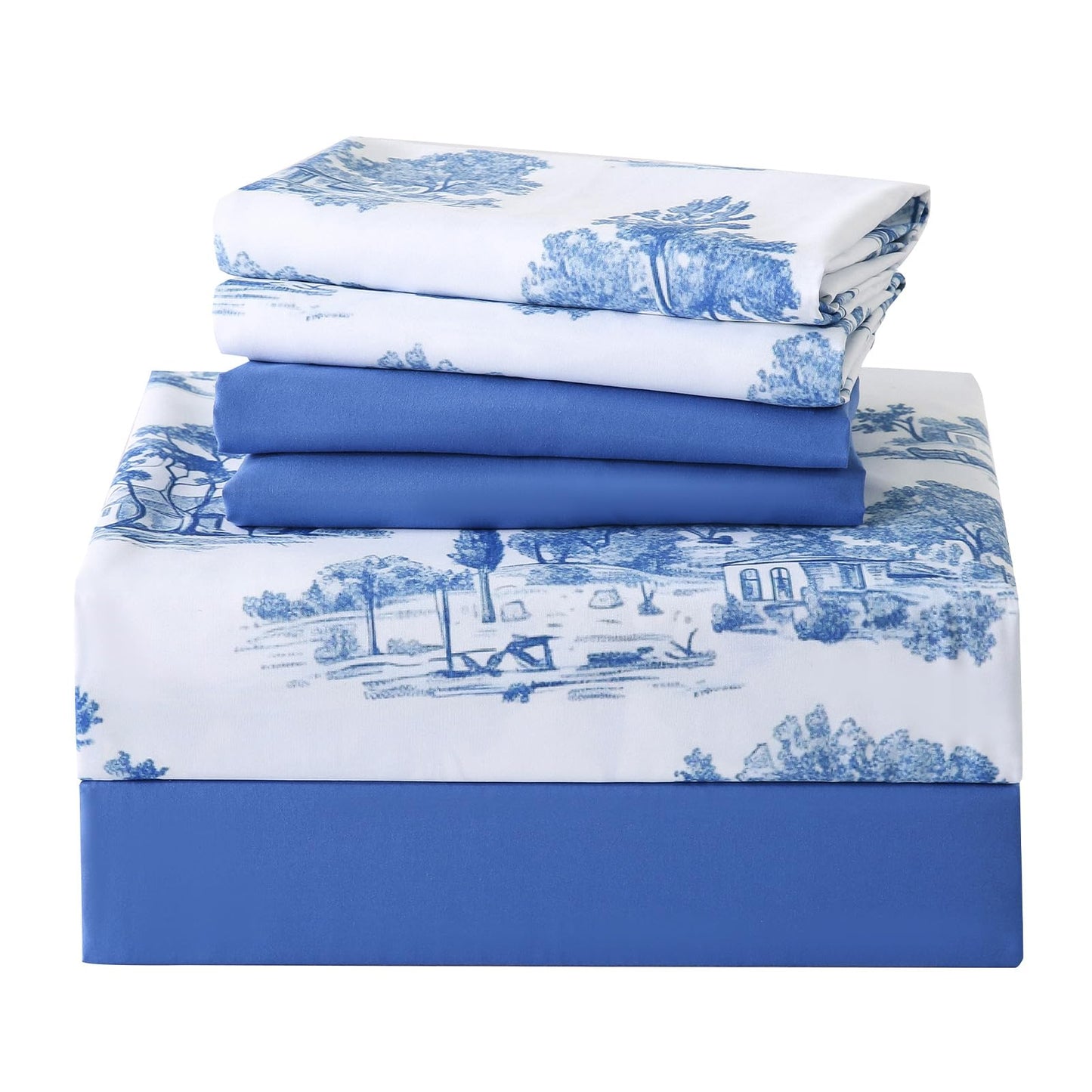 Botanical 6-Piece Queen Bed Sheets Set, Boho Floral Print Brushed Microfiber Sheets, Cooling Bed Sheet Set, Ultra Soft & Breathable, 16' Deep Pocket Fitted Sheet & Pillowcase Set, Blue Floral