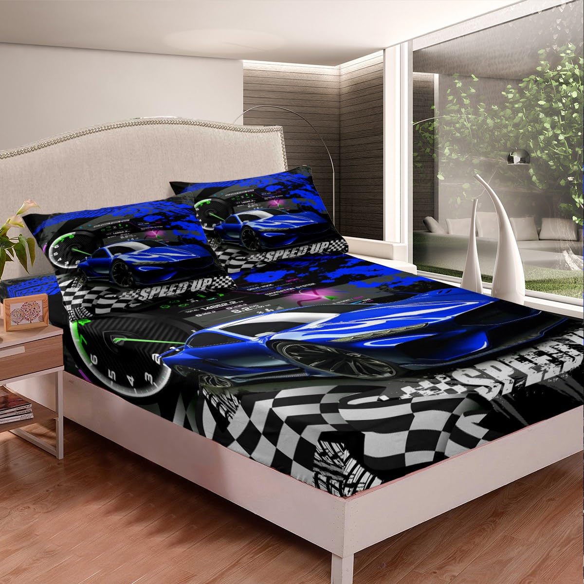 Feelyou Kids Boys & Girls Blue Race Car Bedding Set - Full Sports Car Bed Sheet Set - Buffalo Plaid Bed Cover & 2 Pillow Cases
