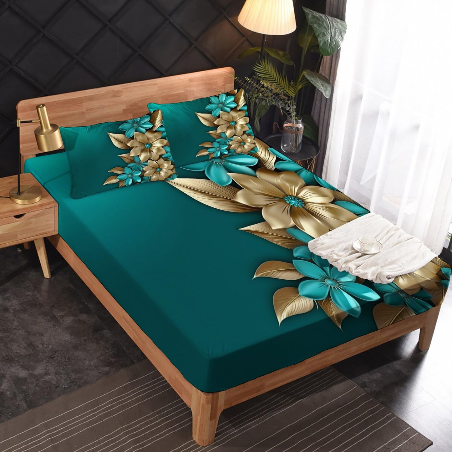 Turquoise and Gold Floral Sheets King Sheet Sets - Abstract Flower Bed Sheets, Soft Microfiber & Deep Pocket & Wrinkle Free Bedding Sheets & Pillowcases, 1 Fitted Sheet, 1 Flat Sheet, 2 Pillow Cases