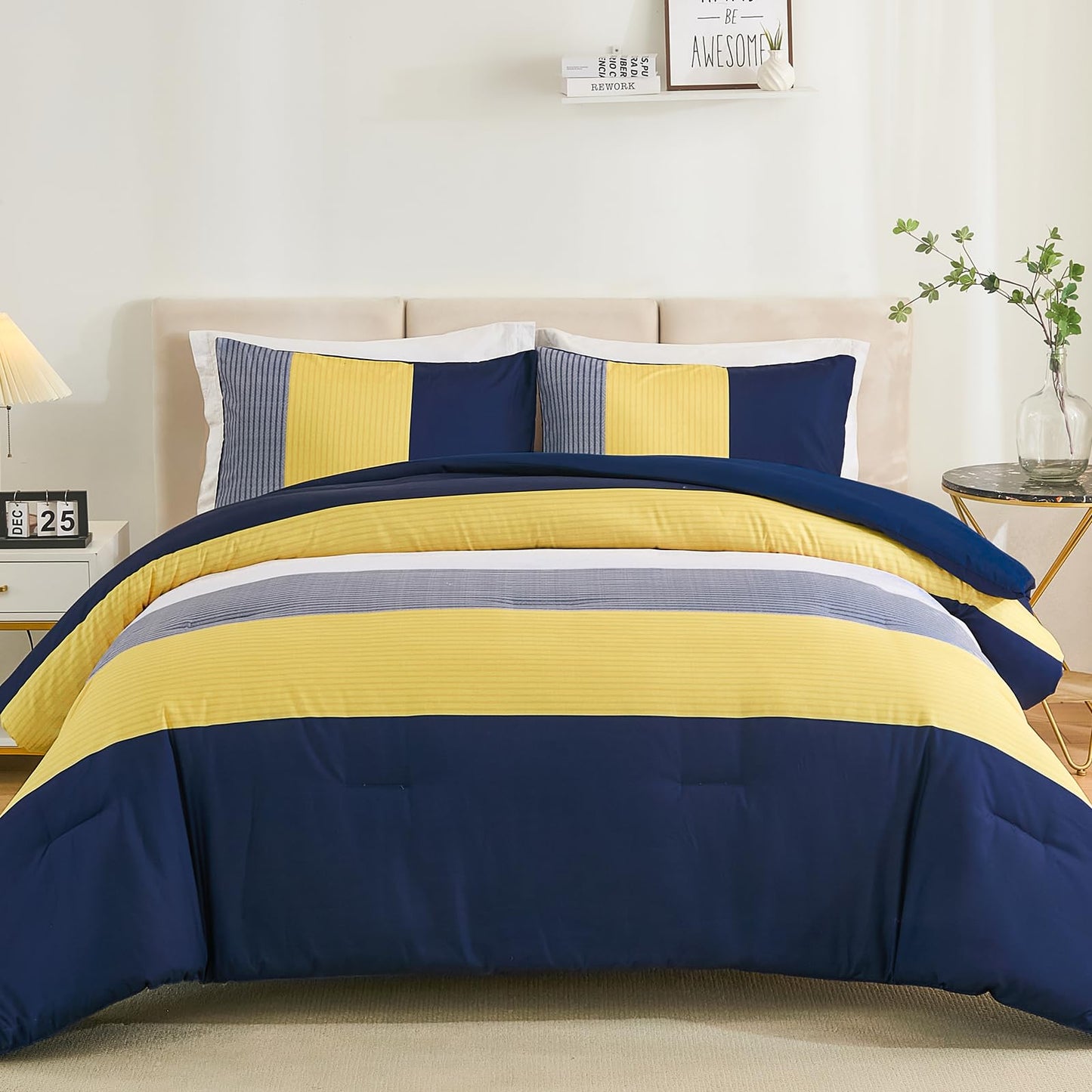WONGS BEDDING Comforter Set Queen, Reversible Blue Striped Patchwork Down Alternative Comforter for Queen Bed,3 Pieces (1 Comforter+2 Pillowcases), Soft Microfiber Bedding Duvet Insert Set 90"×90"
