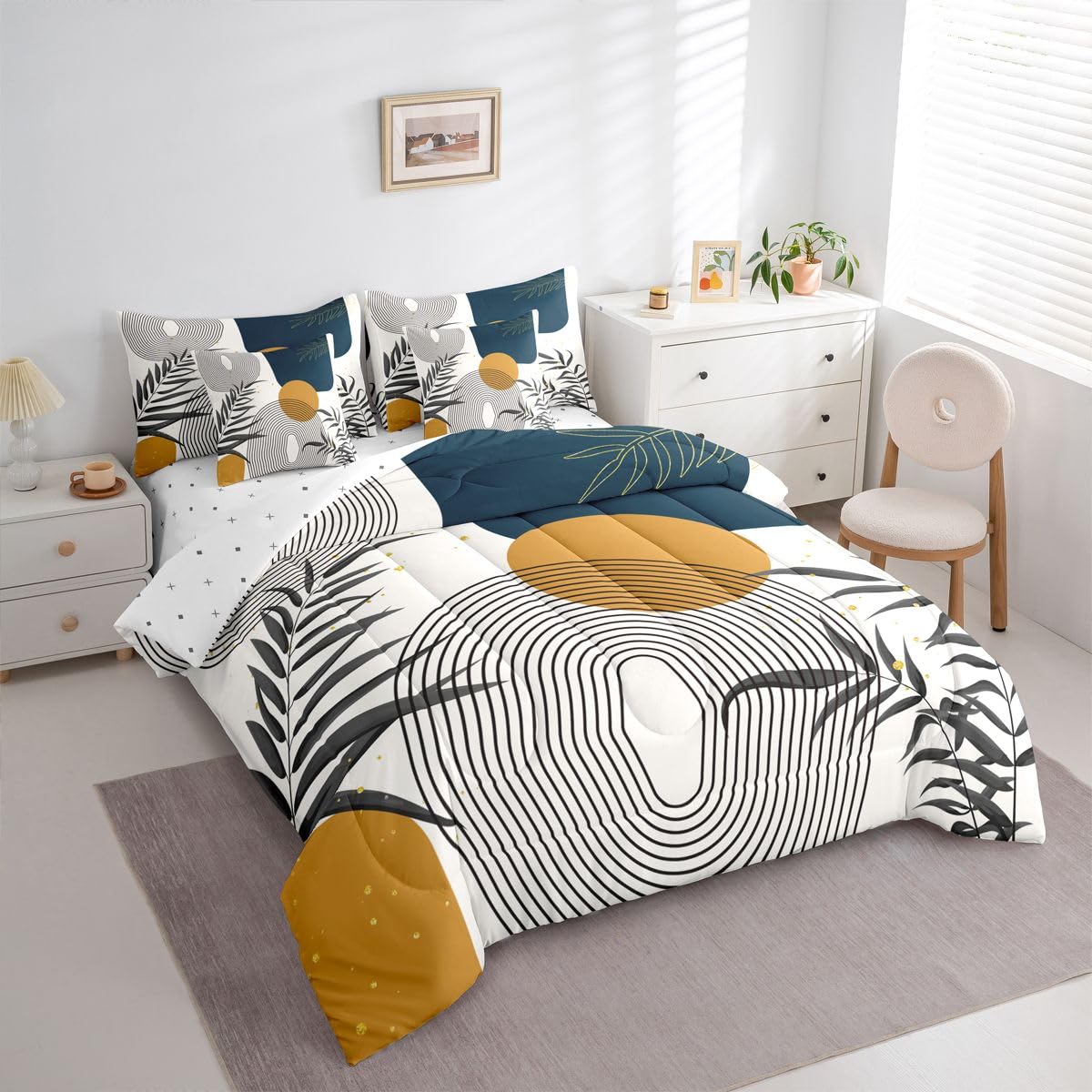 Erosebridal Boho Mid Century Full 7 Pcs Bedding Set, Contemporary Bohemian Minimalist Comforter Set with Sheets, Abstract Geometric Bed in A Bag, Sage Tropical Palm Leaves Retro Elegant Zen Bed Sets