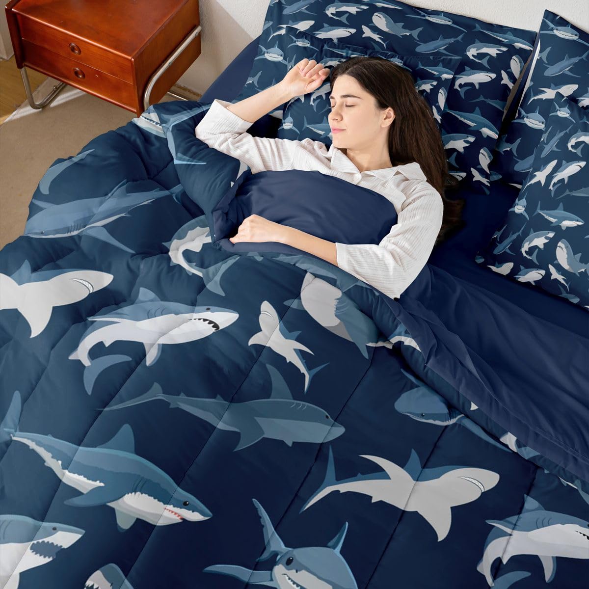 Erosebridal Boys Shark Queen Comforter Set with Sheets Navy Blue Ocean 7 Piece Bedding Set Cartoon Coastal Bed in a Bag, Under Sea Marine Life Sealife Nautical Sea Animal Room Decor