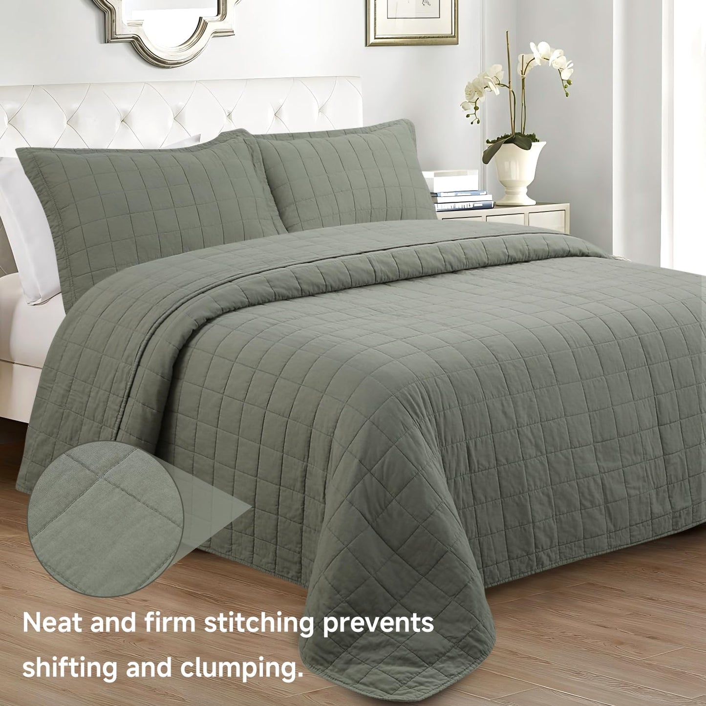 FFQSS Quilt Queen Size Bedding Sets - 100% Cotton Lightweight Luxury Comforter Set, Full Size Stitching Bedspreads Coverlet with 2 Pillowcase Suit for All Season, Green