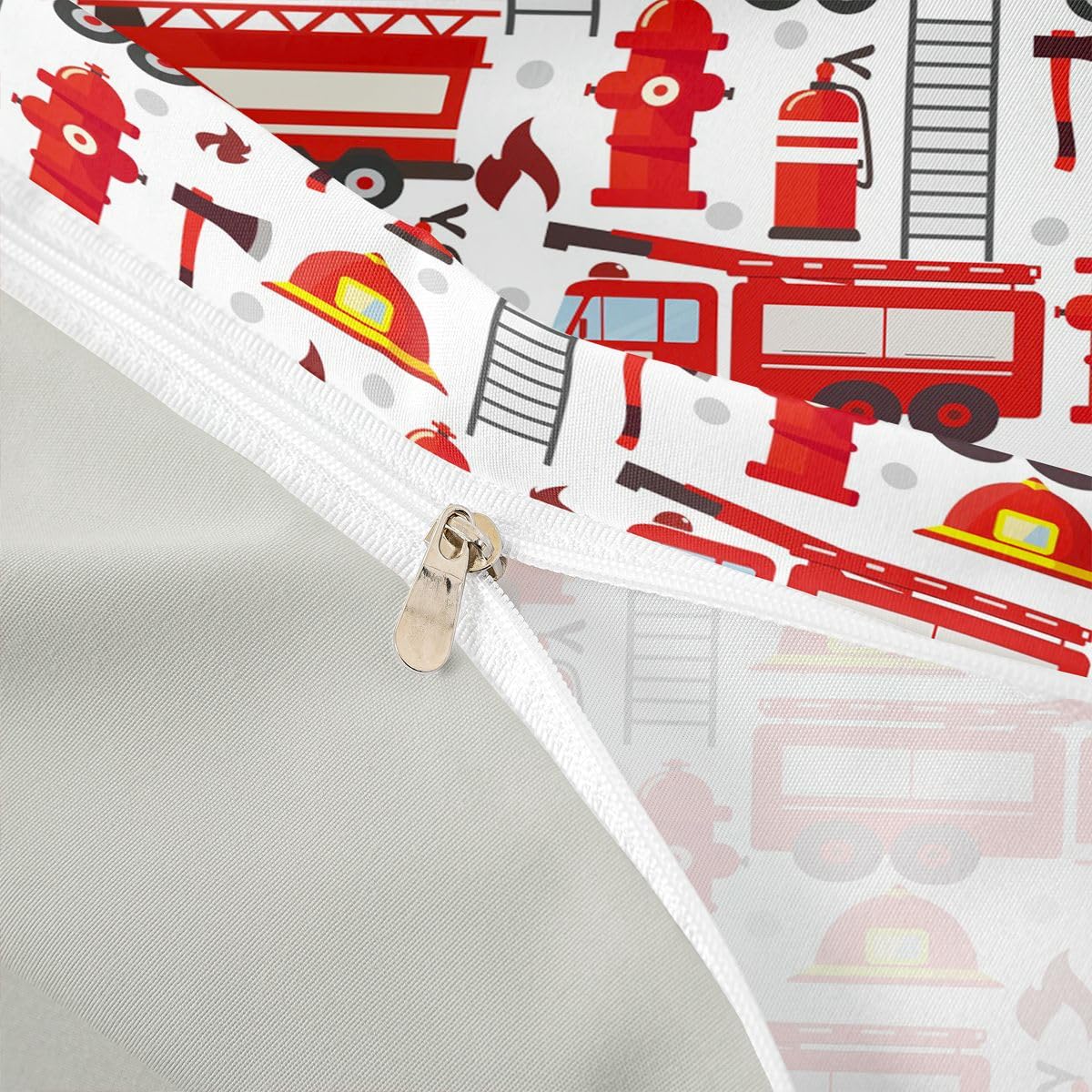 Fire Truck Bedding Set for Kids Boys Red Fire Fighting Supplies Pattern Comforter Cover Set Helmet Ladder Fire Extinguisher Fire Hydrant Print Duvet Cover Girls Adult Teens Fire Theme Beddings, King